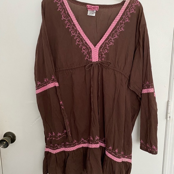 Vintage WANT Women’s Tunic Blouse Pink Chocolate Embroidered Sz 2XL - Picture 2 of 12
